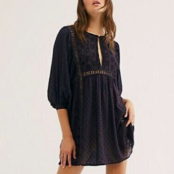 Free People Dresses & Skirts - Free People Charlotte Embroidered Boho oversized Purple & Black Tunic Dress